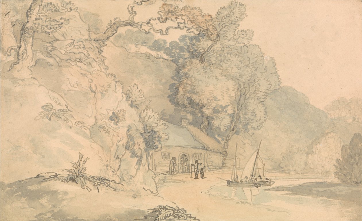 Jokimaisema, jossa on pieniä veneitä tekijältä Thomas Rowlandson