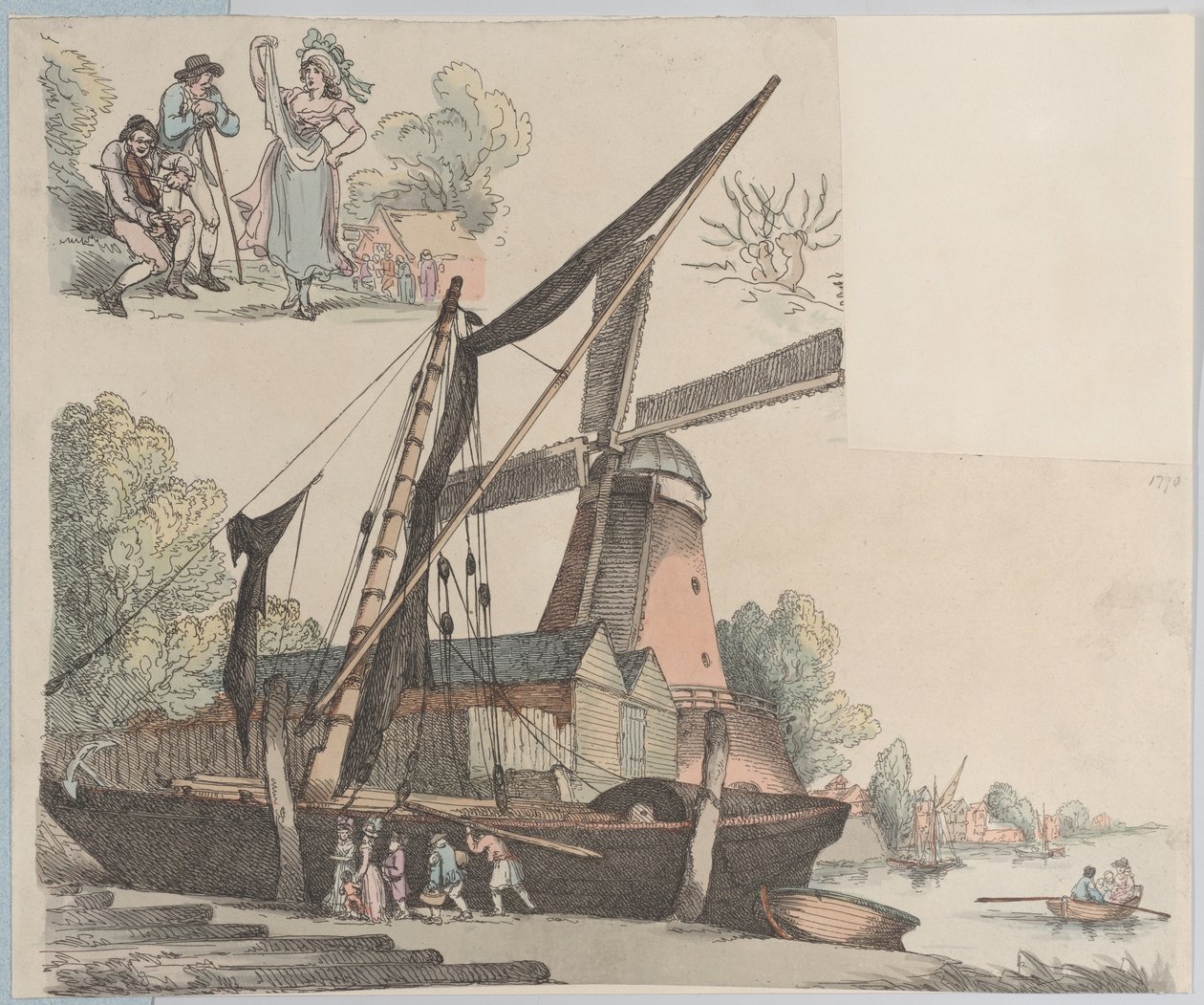 Jokikohtaus tuulimyllyllä levyltä 9, Figuurien ääriviivat, maisemat ja C..., 20. tammikuuta 1791. tekijältä Thomas Rowlandson