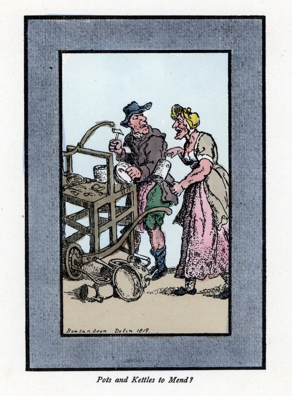 Roaming ja asiakasuudelleentamerointi, joka näyttää potin pohjan. Hän lyö metalliruukkua vasaralla kannettavalla penkillä. Puukaiverrus, joka perustuu Thomas Rowlandsonin (1756-1827) maalaukseen, julkaistu Lontoon kriisissä: kuusi viehättävää lasta ja lähe tekijältä Thomas Rowlandson