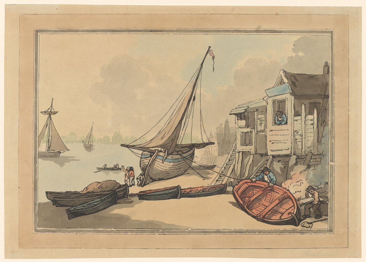 Soutuveneitä ja purjelaiva rannalla tekijältä Thomas Rowlandson