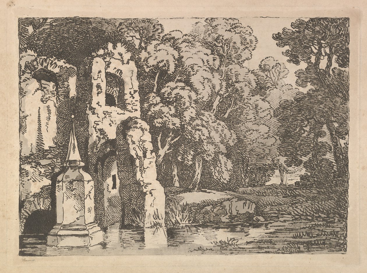 Rauniot altaan vieressä metsäisessä maisemassa, 1783-84. tekijältä Thomas Rowlandson