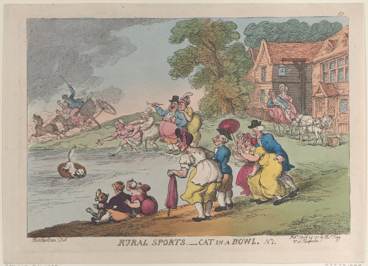 Maaseutuurheilu: Kissa kulhossa, 24. huhtikuuta 1811, 24. huhtikuuta 1811. tekijältä Thomas Rowlandson