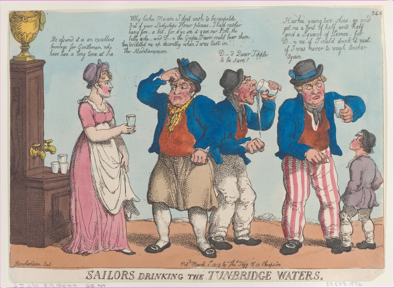 Merimiehet juomassa Tunbridgen vesiä, 1. maaliskuuta 1815, 1. maaliskuuta 1815. tekijältä Thomas Rowlandson