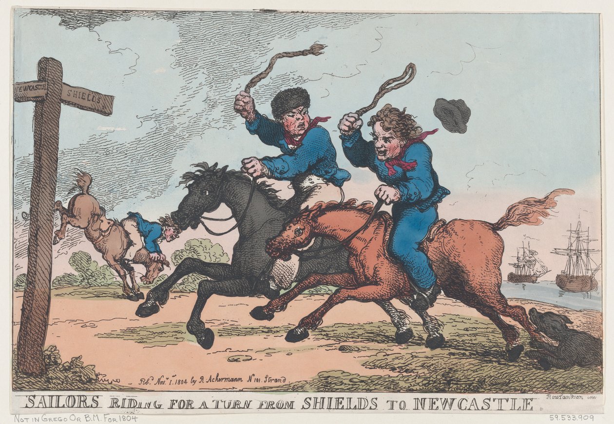 Merimiehet ratsastamassa Shieldsistä Newcastleen 1. marraskuuta 1804, 1. marraskuuta 1804. tekijältä Thomas Rowlandson