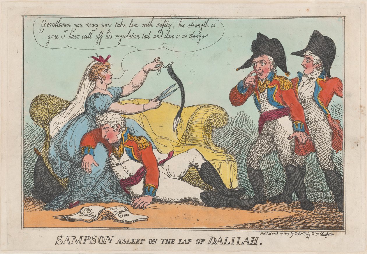 Sampson nukkui Dalilahin sylissä, 19. maaliskuuta 1809, 19. maaliskuuta 1809. tekijältä Thomas Rowlandson