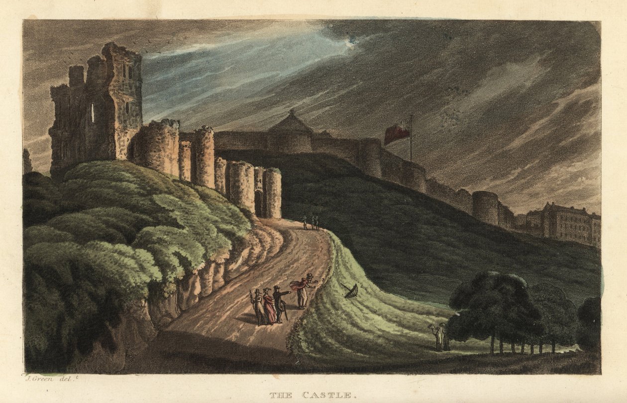 Scarborough Castle: turistit kävelemässä mäkeä ylös 1100-luvun kivilinnaan. Thomas Rowlandsonin käsinvärinen kuparikaiverrus J. Greenin luonnoksen jälkeen teoksesta Poetical Sketches of Scarborough, Ackermann, Lontoo tekijältä Thomas Rowlandson