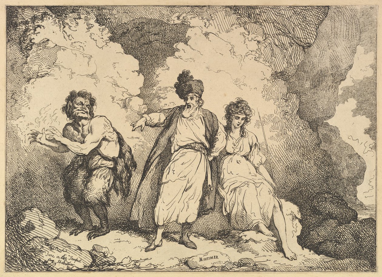Kohtaus Myrskystä: Caliban, Prospero ja Miranda, [1783-87] julkaistu uudelleen 1801. tekijältä Thomas Rowlandson