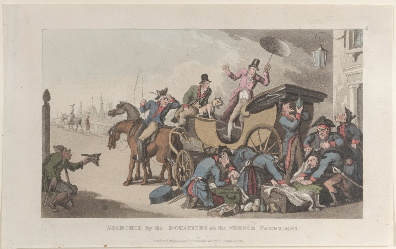 Douanierit etsivät Ranskan rajoilla Journal of Sentimental Travels -julkaisusta..., 1821. tekijältä Thomas Rowlandson