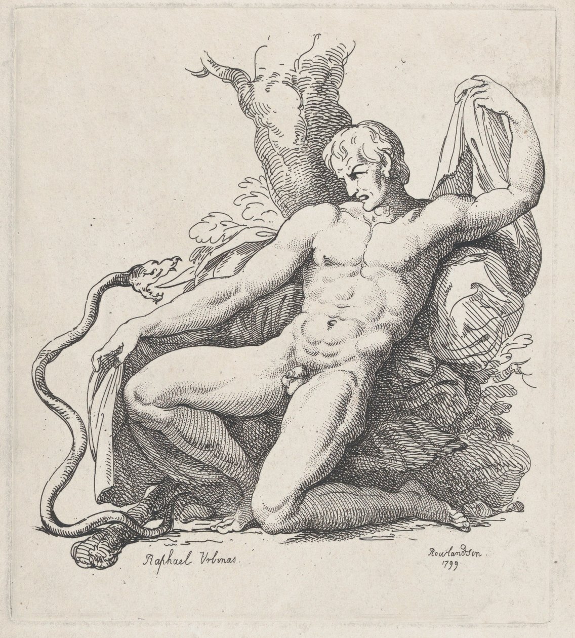 Käärme hyökkää alastomaan mieheen, 1799, 1799. tekijältä Thomas Rowlandson