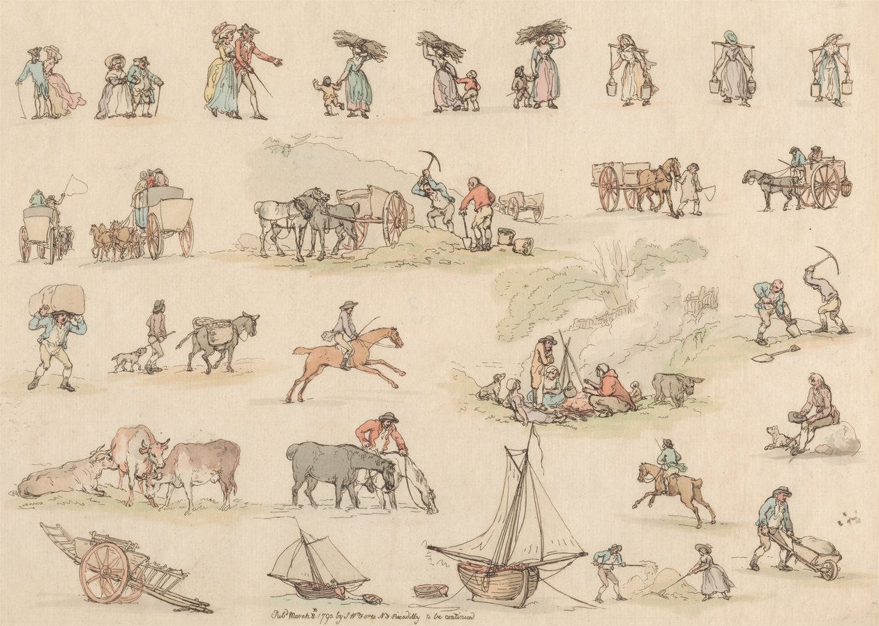 Kuusitoista sarja: Figuurien ja maisemien ääriviivat tekijältä Thomas Rowlandson