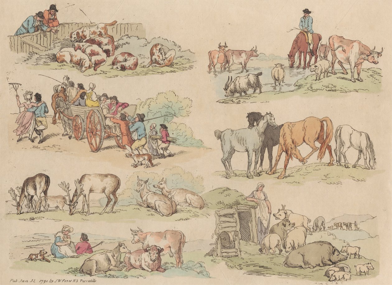 Kuusitoista sarja: Figuurien ja maisemien ääriviivat tekijältä Thomas Rowlandson