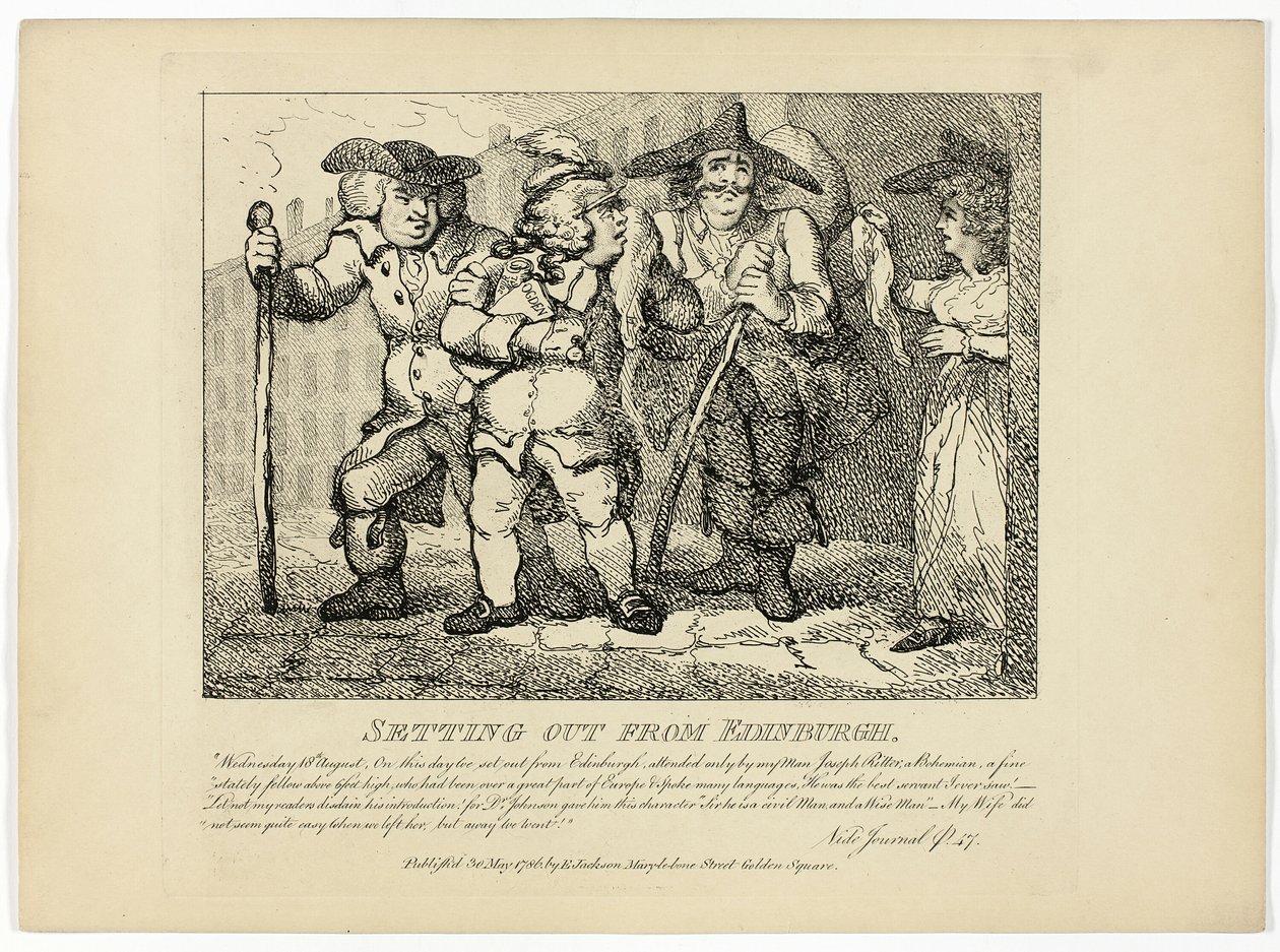 Lähtö Edinburghista, Boswellin Hebridien kiertomatkasta. tekijältä Thomas Rowlandson