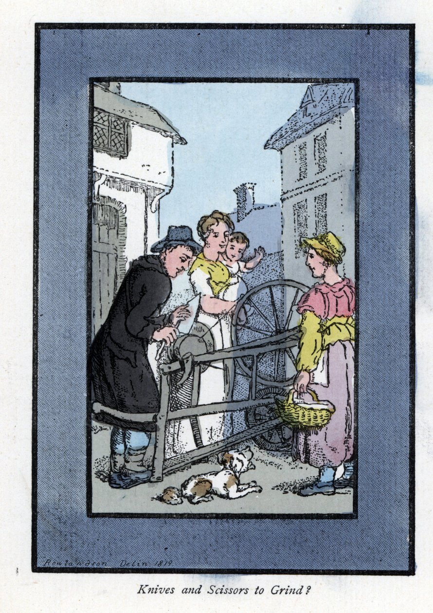 Teroittaja teroittaa veistä hiomalaikalla asiakkaidensa kanssa (1819). Puukaiverrus, joka perustuu Thomas Rowlandsonin (1756-1827) maalaukseen, julkaistu Lontoon kriisissä: kuusi viehättävää lasta ja lähes 40 kuvitusta, Andrew Tuer, Fiel tekijältä Thomas Rowlandson