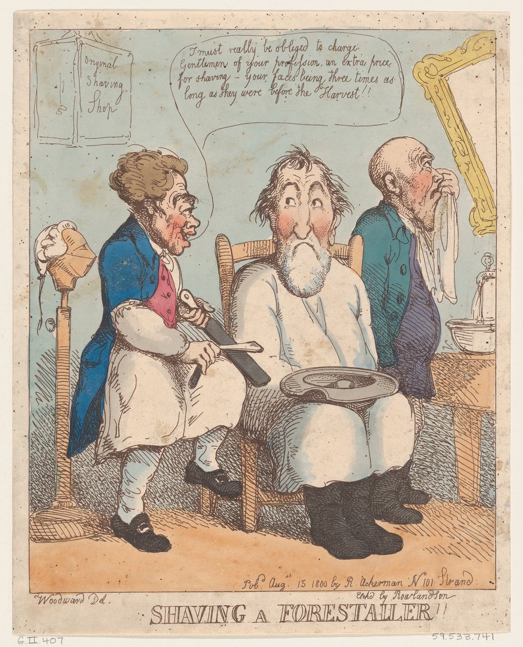 Forestallerin parranajo, 15. elokuuta 1800, 15. elokuuta 1800. tekijältä Thomas Rowlandson