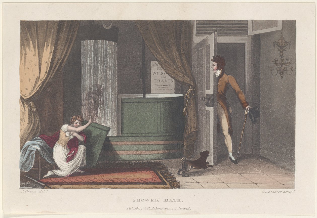 Suihkukylpy, teoksesta Poetical Sketches of Scarborough, 1813, 1813. tekijältä Thomas Rowlandson
