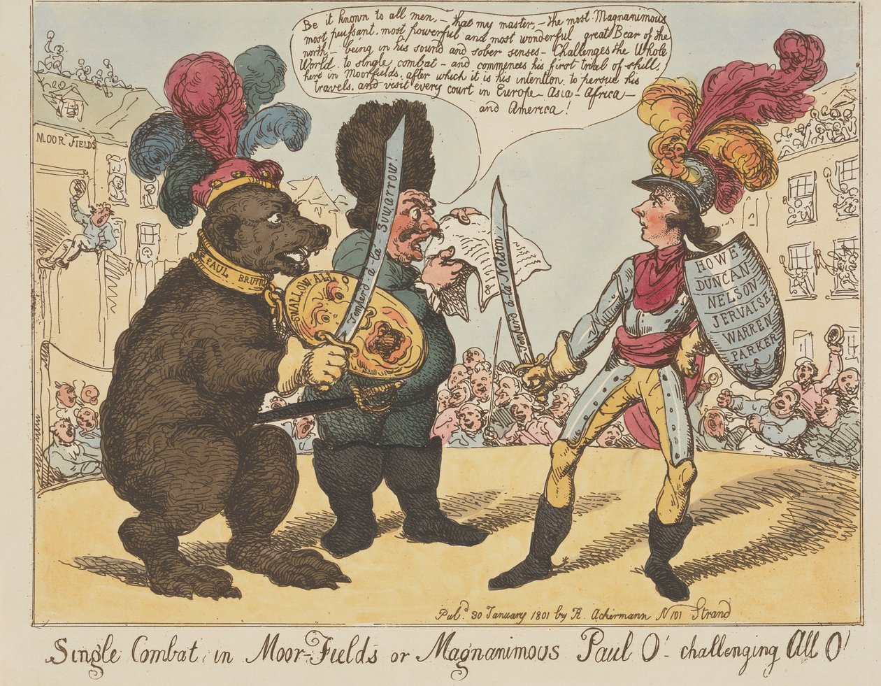 Yksittäinen kaksintaistelu Moorfieldsissä, tai Suurisydäminen Paul O! – Haastaa kaikki O:t! (lähde: Caricature, nro 4) tekijältä Thomas Rowlandson