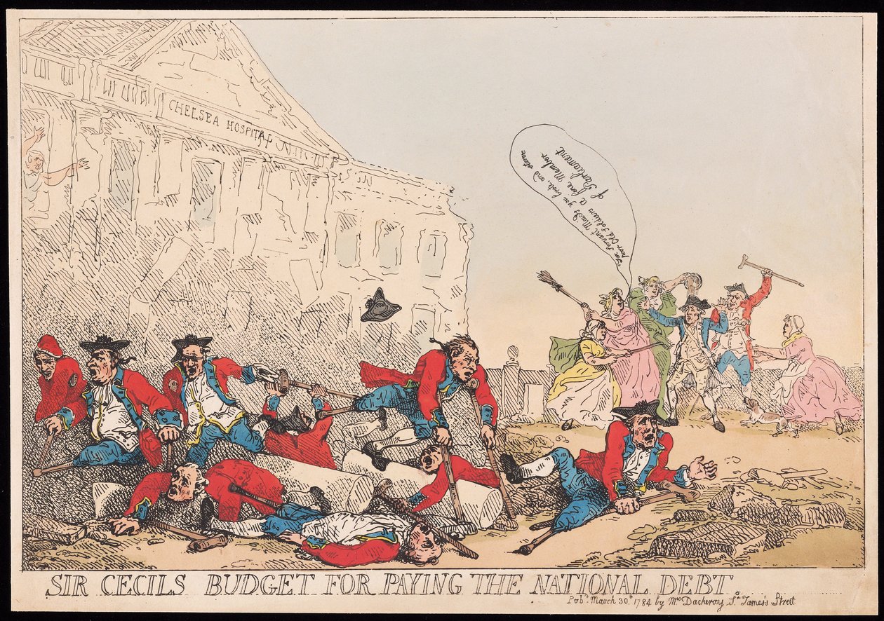 Sir Cecilin budjetti valtionvelan maksamiseen, pub. 1784 (käsinvärinen kaiverrus) tekijältä Thomas Rowlandson