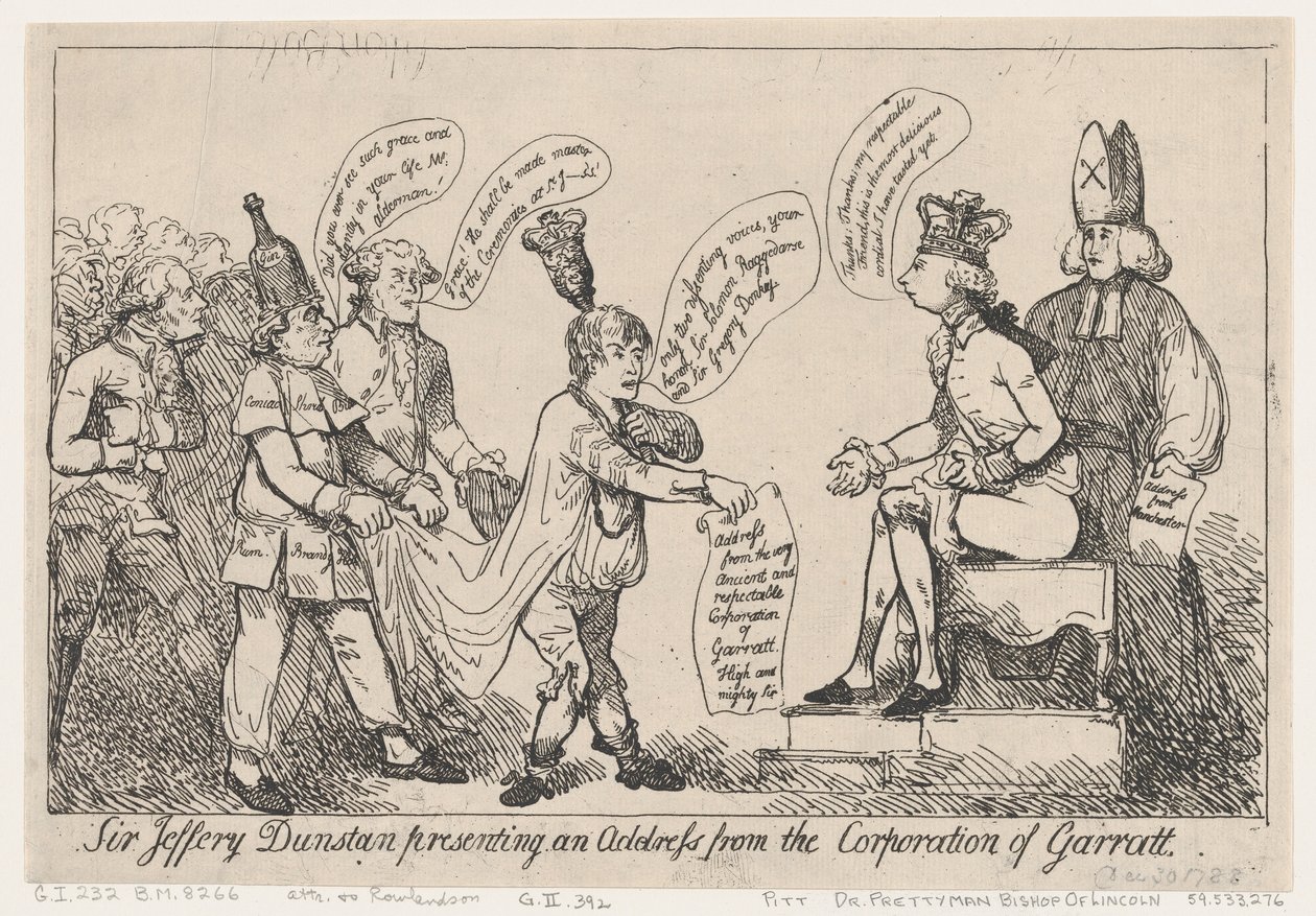 Sir Jeffery Dunstan lukee Garrattin kaupunginvaltuuston tervehdyksen tekijältä Thomas Rowlandson