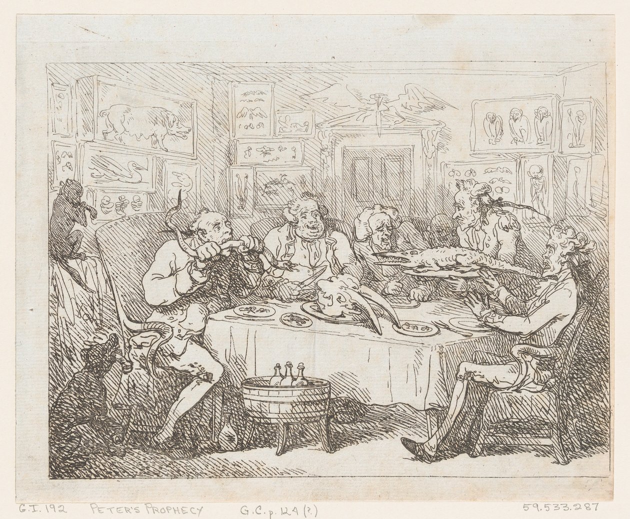 Sir Joseph Banks aikeissa syödä alligaattoria "The Fish Supper", 1788 tai myöhemmin, 1788 tai myöhemmin. tekijältä Thomas Rowlandson