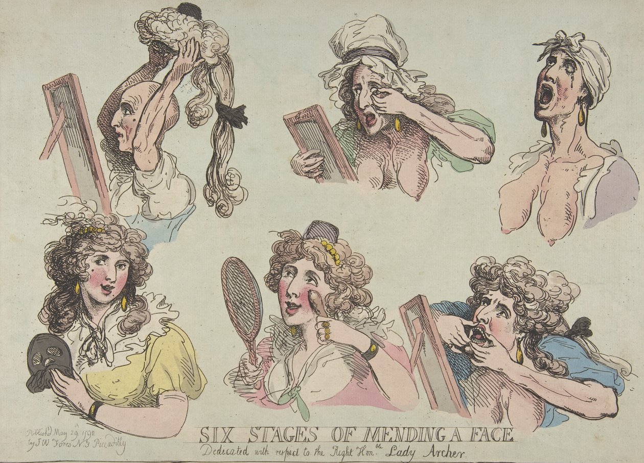 Kuusi kasvojen korjaamisen vaihetta, omistettu oikealle kunnialle. Lady Ar..., 29. toukokuuta 1792. tekijältä Thomas Rowlandson