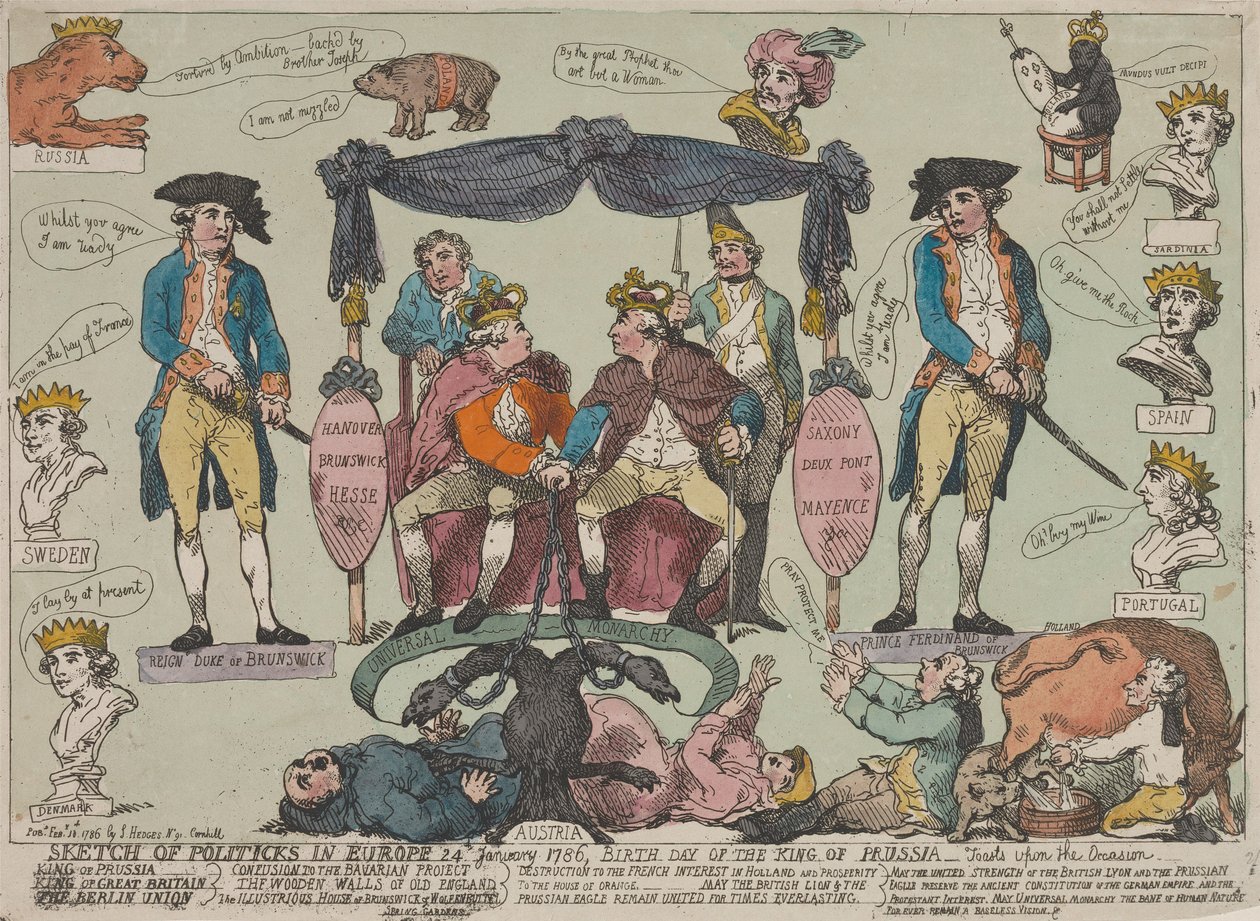 Katsaus Euroopan politiikkaan, 24. tammikuuta 1786 – Preussin kuninkaan syntymäpäivä--- tekijältä Thomas Rowlandson