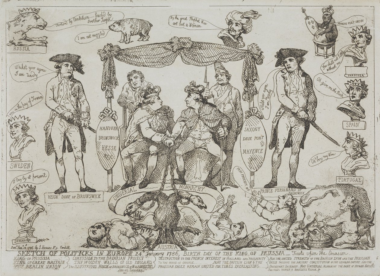 Katsaus Euroopan politiikkaan, 24. tammikuuta 1786 – Preussin kuninkaan syntymäpäivä tekijältä Thomas Rowlandson