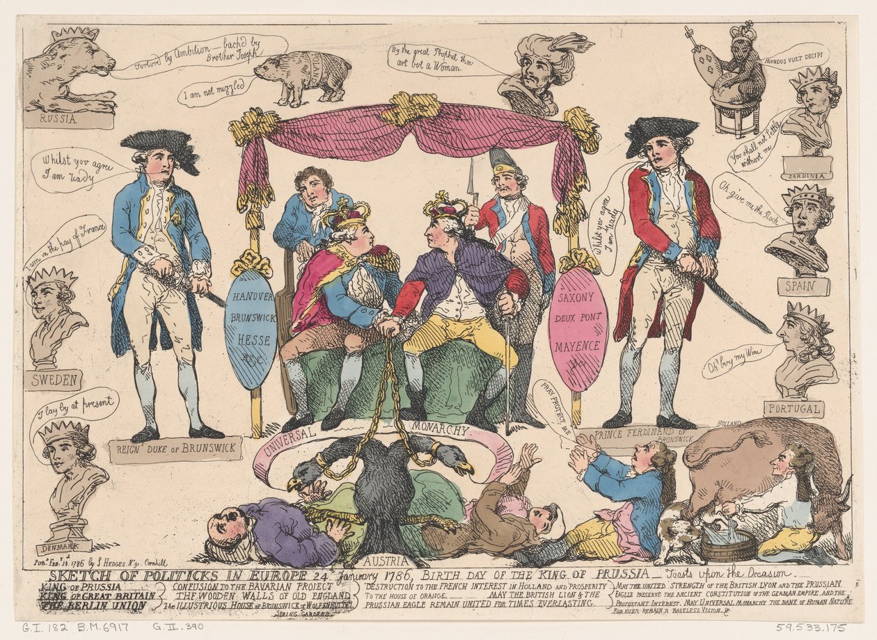 Luonnos politiikasta Euroopassa, Preussin kuninkaan syntymäpäivä, 10. helmikuuta 1786, 10. helmikuuta 1786 tekijältä Thomas Rowlandson