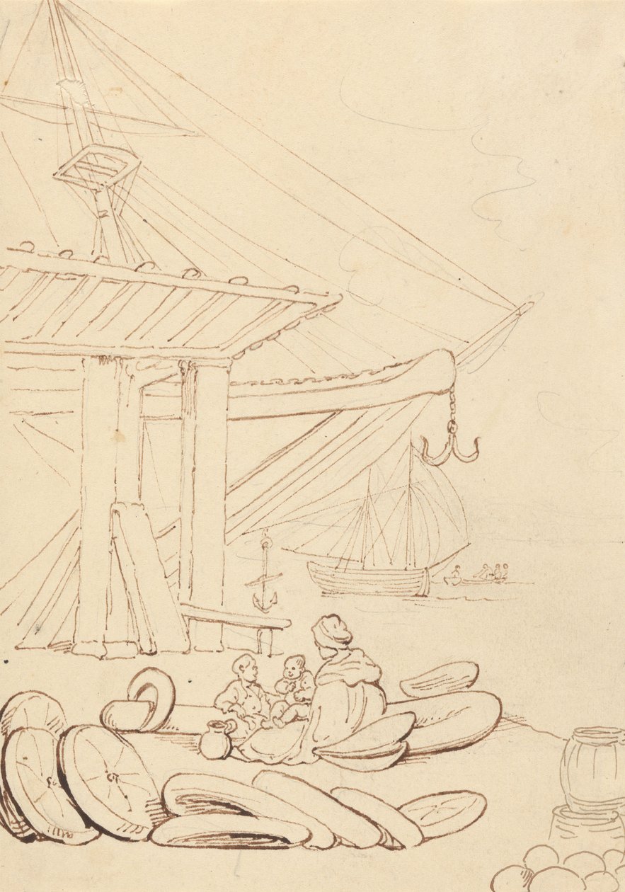 Piirros naisesta ja lapsista, jotka istuvat lastauslaiturilla tekijältä Thomas Rowlandson