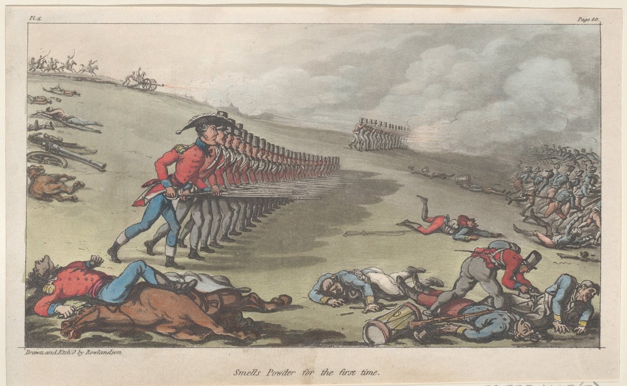 Smells Powder ensimmäistä kertaa, elokuvasta The Military Adventures of Johnny Newcome, 1815, 1815. tekijältä Thomas Rowlandson