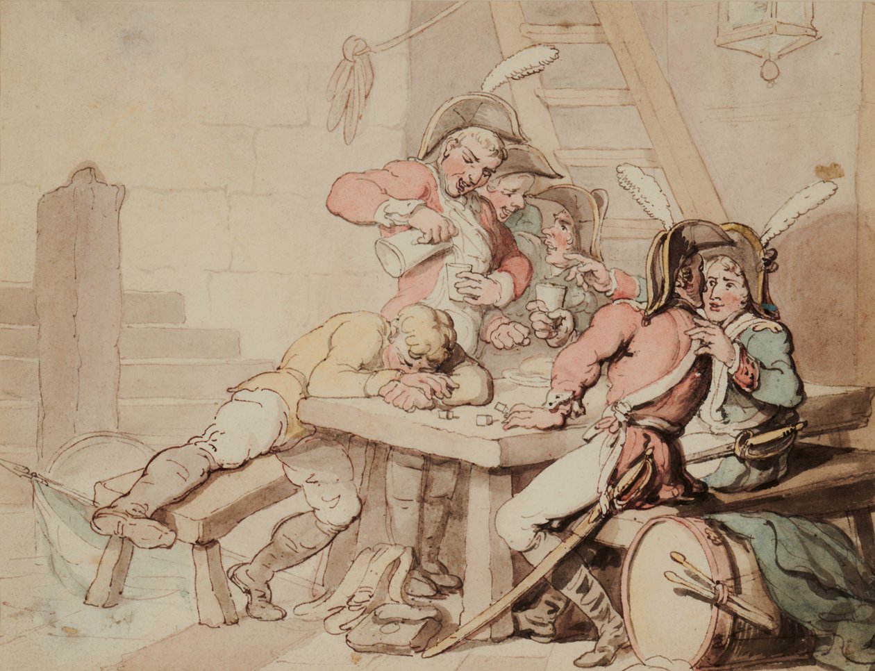Sotilaat kiertelevät kellarissa tekijältä Thomas Rowlandson