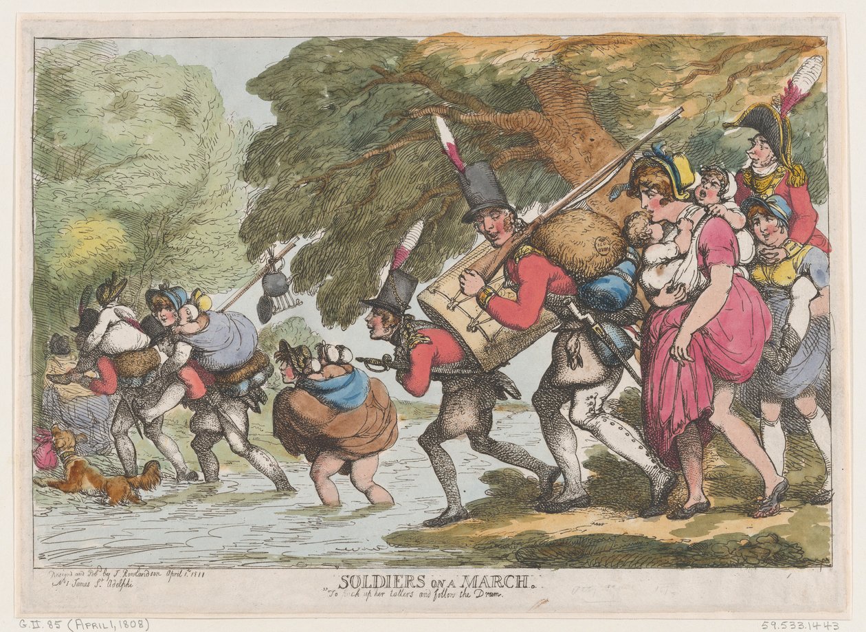 Sotilaat maaliskuussa 1. huhtikuuta 1808, 1. huhtikuuta 1808. tekijältä Thomas Rowlandson