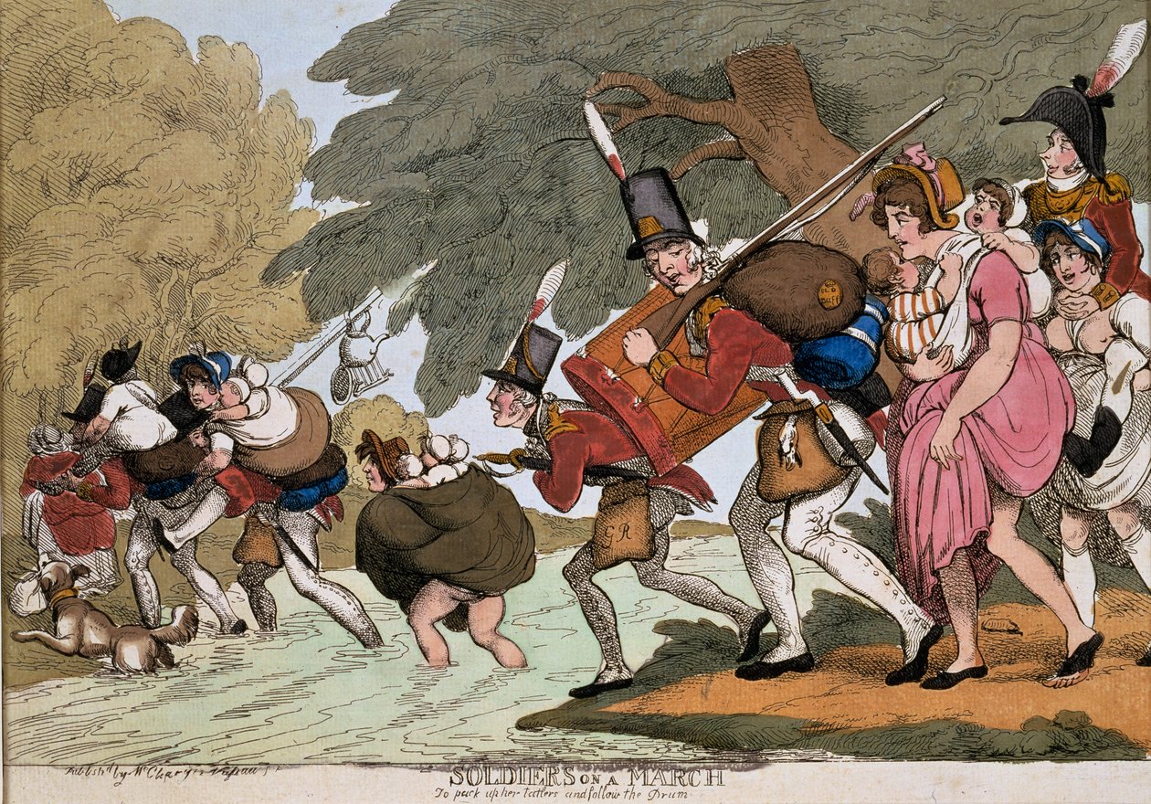 Sotilaat marssilla, G.M.Woodwardin kaiverrus, julkaistu 1811 (värillinen etsaus) tekijältä Thomas Rowlandson