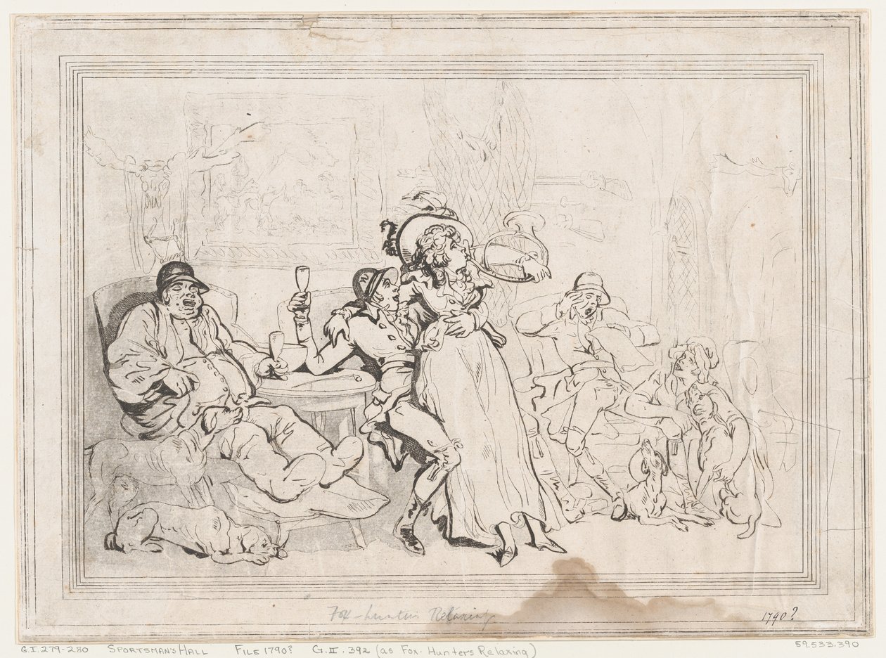 Urheilijoiden sali, eli kettujahtajat rentoutumassa tekijältä Thomas Rowlandson