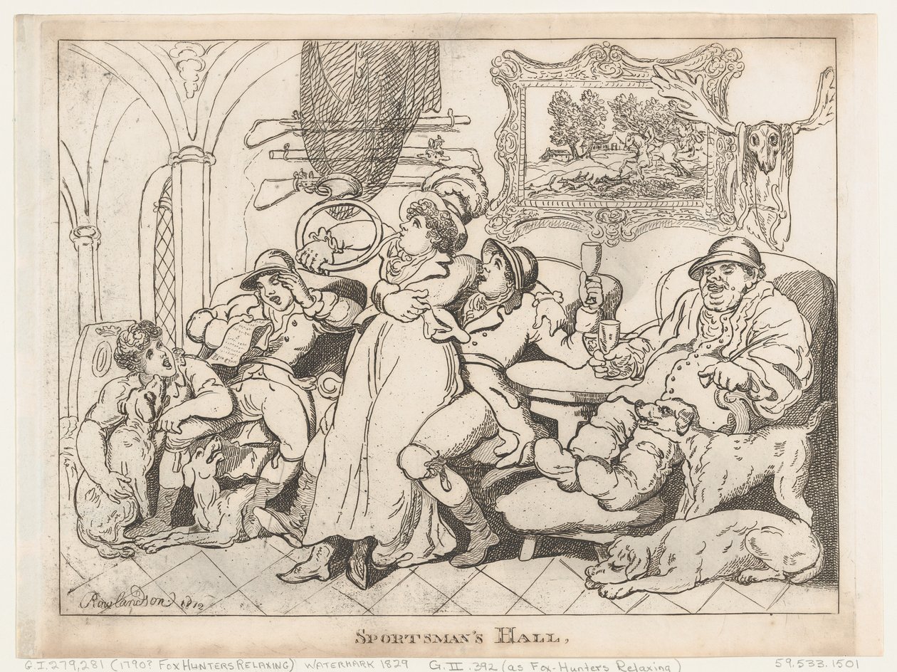 Urheilijoiden sali, eli kettujahtajat rentoutumassa tekijältä Thomas Rowlandson