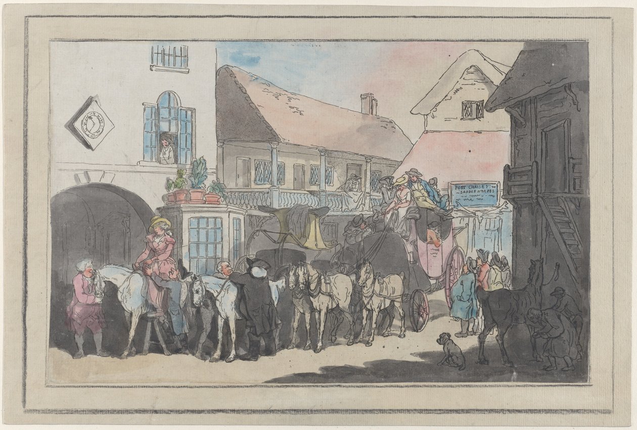 Lavavalmentaja ja ratsastajat majatalon pihalla, valmistautuvat lähtöön, 1789-95, 1789-95. tekijältä Thomas Rowlandson