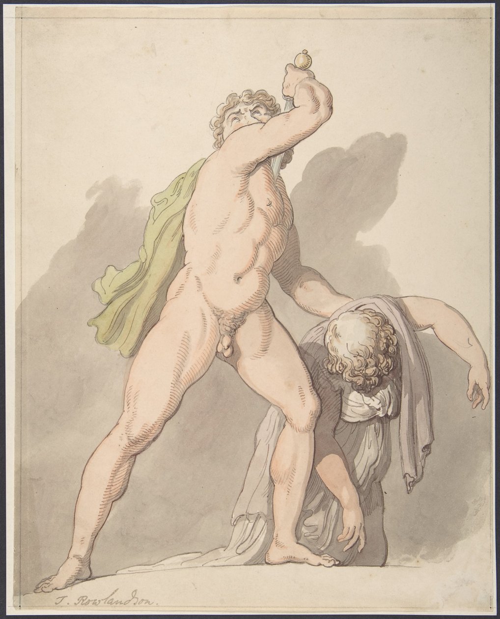 Seisova alaston mies tukee pyörtyvää naista (Ludovisi Gaul, Uffizin taidemuseossa) tekijältä Thomas Rowlandson