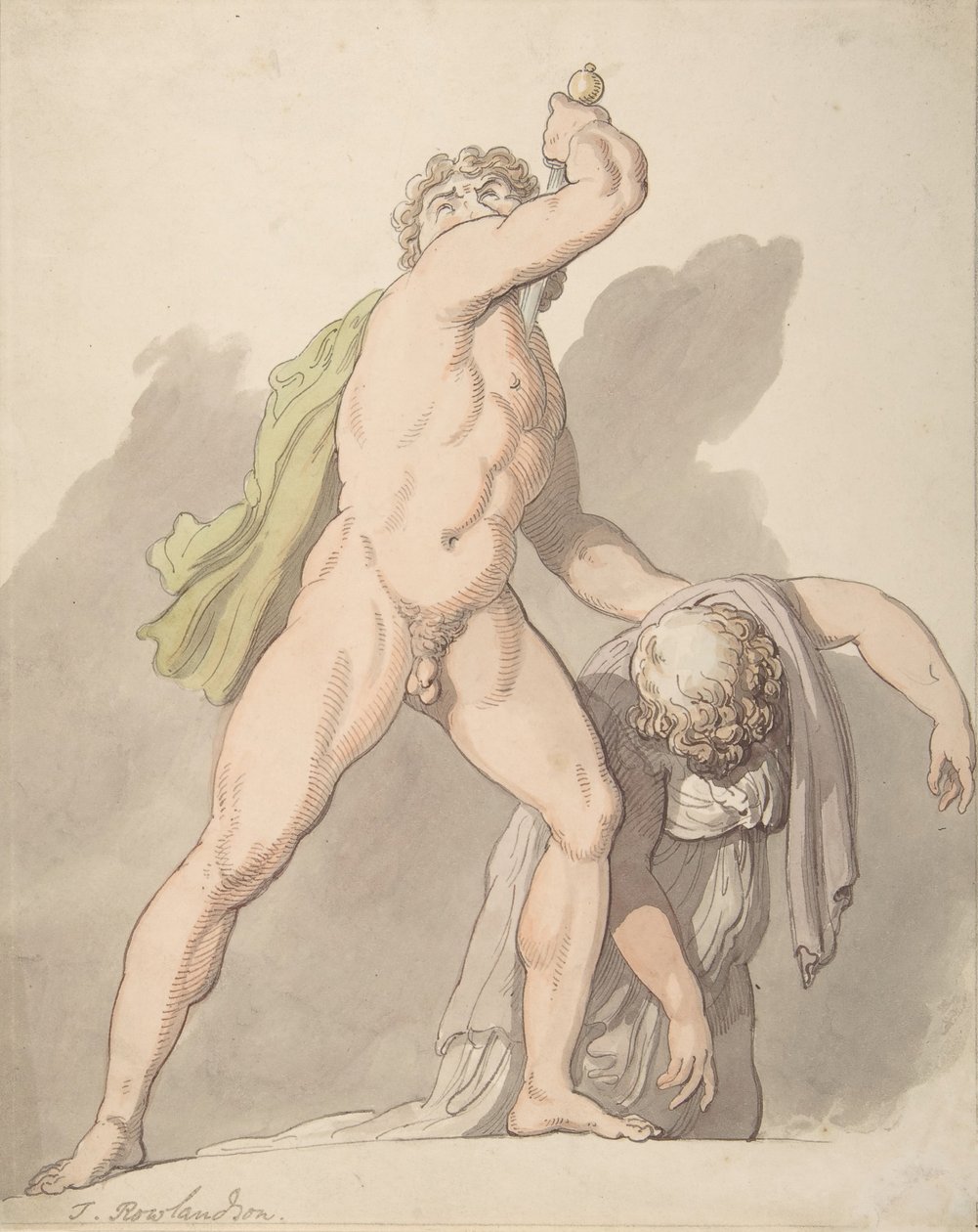 Seisova alaston mies tukemassa pyörtyvää Ludovisi-Galliaa Uffizissa, 1780-1827. tekijältä Thomas Rowlandson
