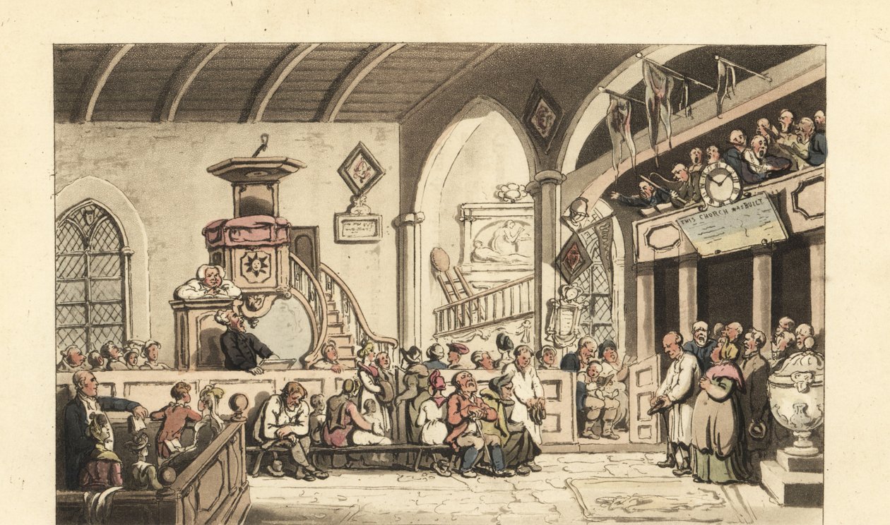 Sunnuntai jumalanpalvelus maalaiskirkossa, Regency Era tekijältä Thomas Rowlandson