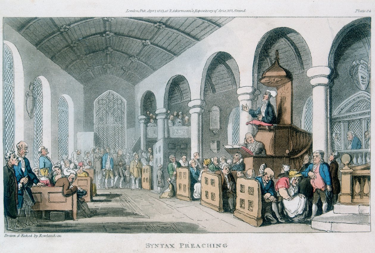 "Syntax Preaching", 1813 tekijältä Thomas Rowlandson
