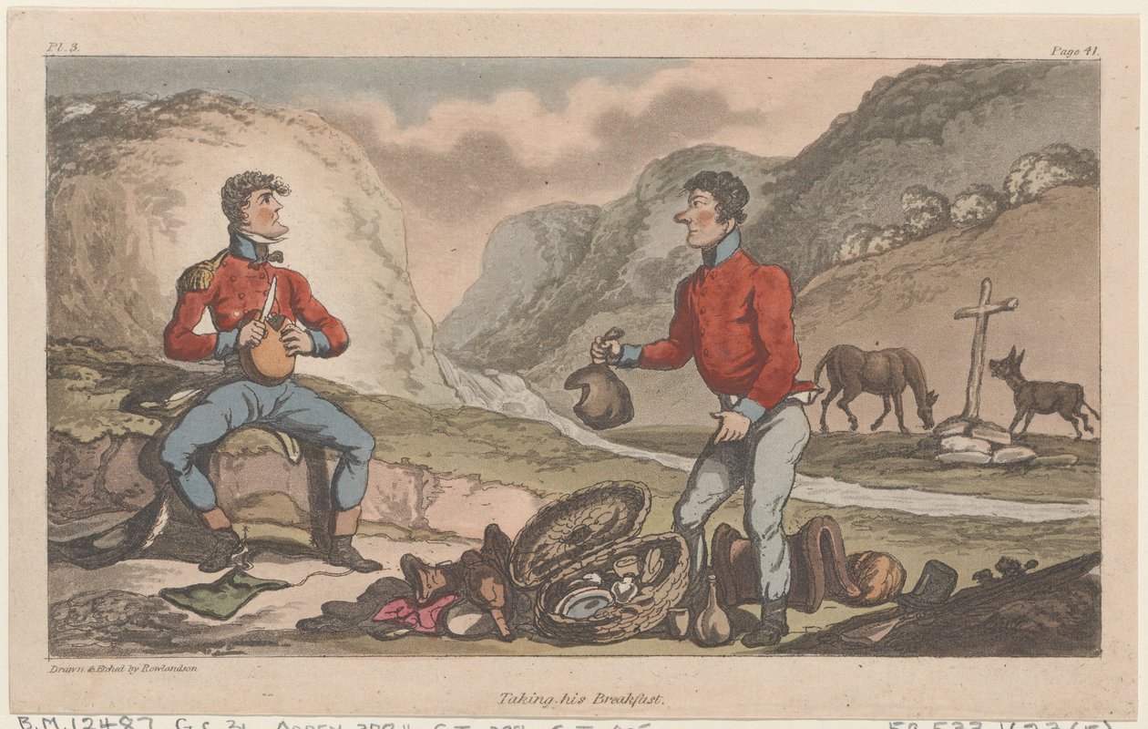 Aamiaisen nauttiminen julkaisusta The Military Adventures of Johnny Newcome, 1815, 1815. tekijältä Thomas Rowlandson