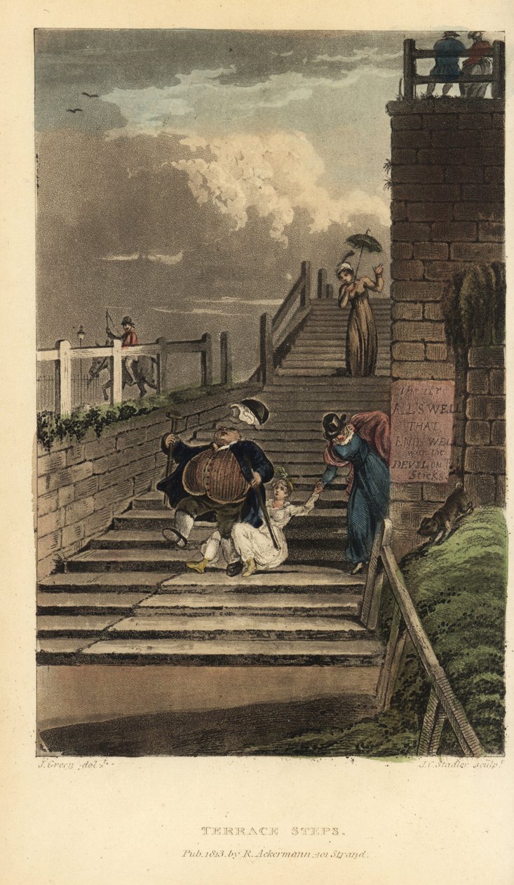 Terrace Steps: turistit laskeutuvat Cliff Terracen portaita pitkin. Käsinvärinen kuparikaiverrus Thomas Rowlandson, akvatinta J.C. Stadler, J. Greenin luonnoksen perusteella teoksesta Poetical Sketches of Scarborough, Ackermann, Lontoo tekijältä Thomas Rowlandson