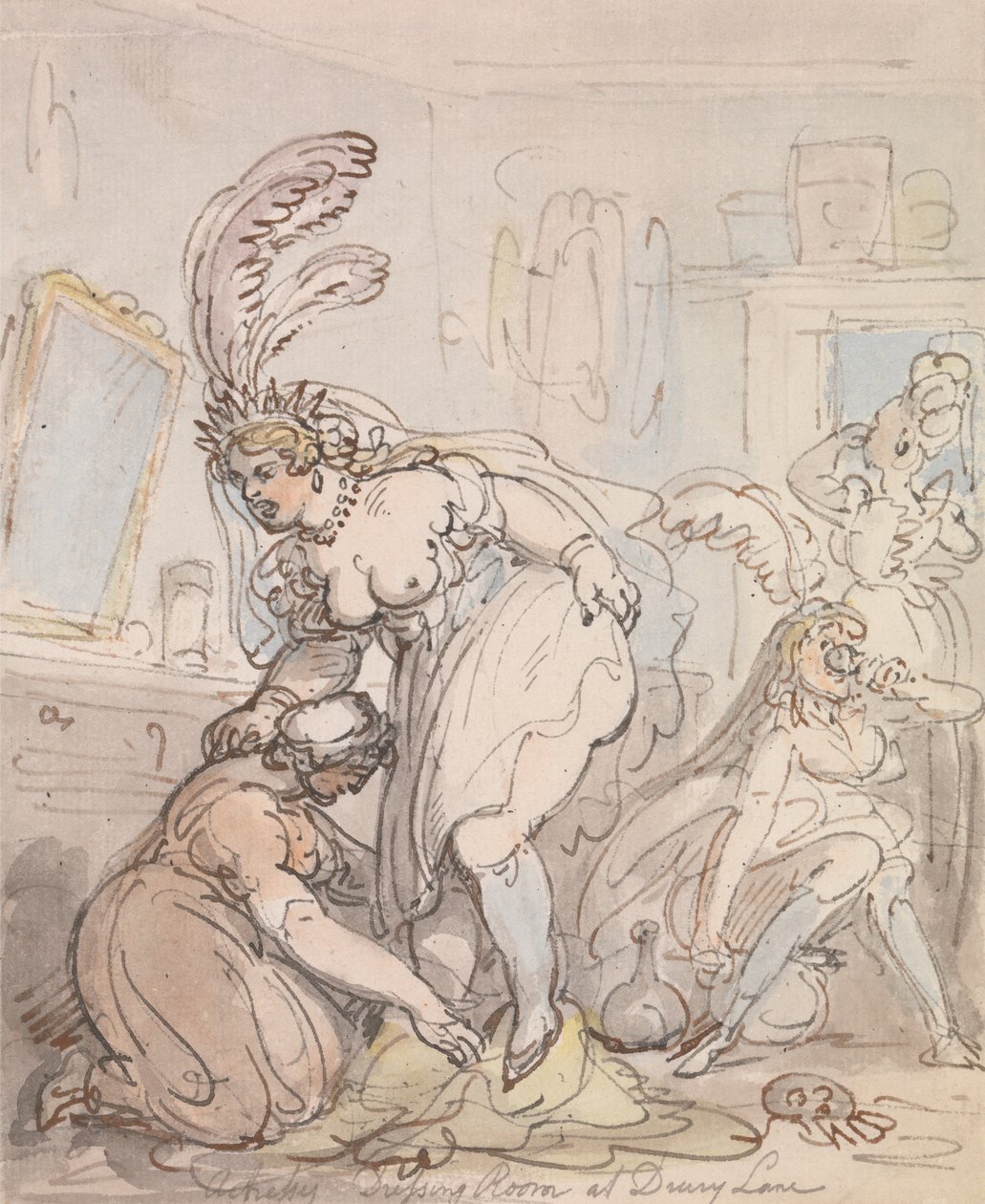 Näyttelijöiden pukuhuone Drury Lanessa tekijältä Thomas Rowlandson