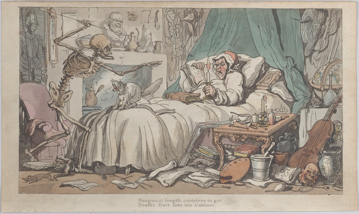 Antikvariaatin viimeinen testamentti ja testamentti teoksesta The English Dance of Death, osa. Minä, levy 2..., 1816. tekijältä Thomas Rowlandson
