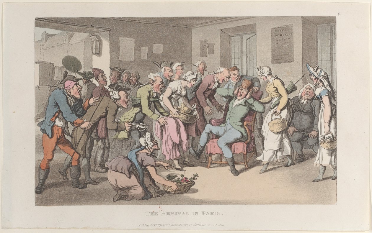 Saapuminen Pariisiin, Journal of Sentimental Travels in the Southern Provinces of Fr..., 1820. tekijältä Thomas Rowlandson