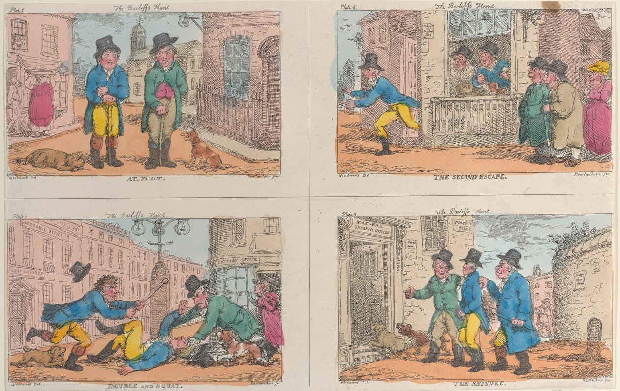 Ulosottomiehen metsästys: Vika, Toinen pako, Tupla ja kyykky ja Takavariko, 1809, 1809. tekijältä Thomas Rowlandson