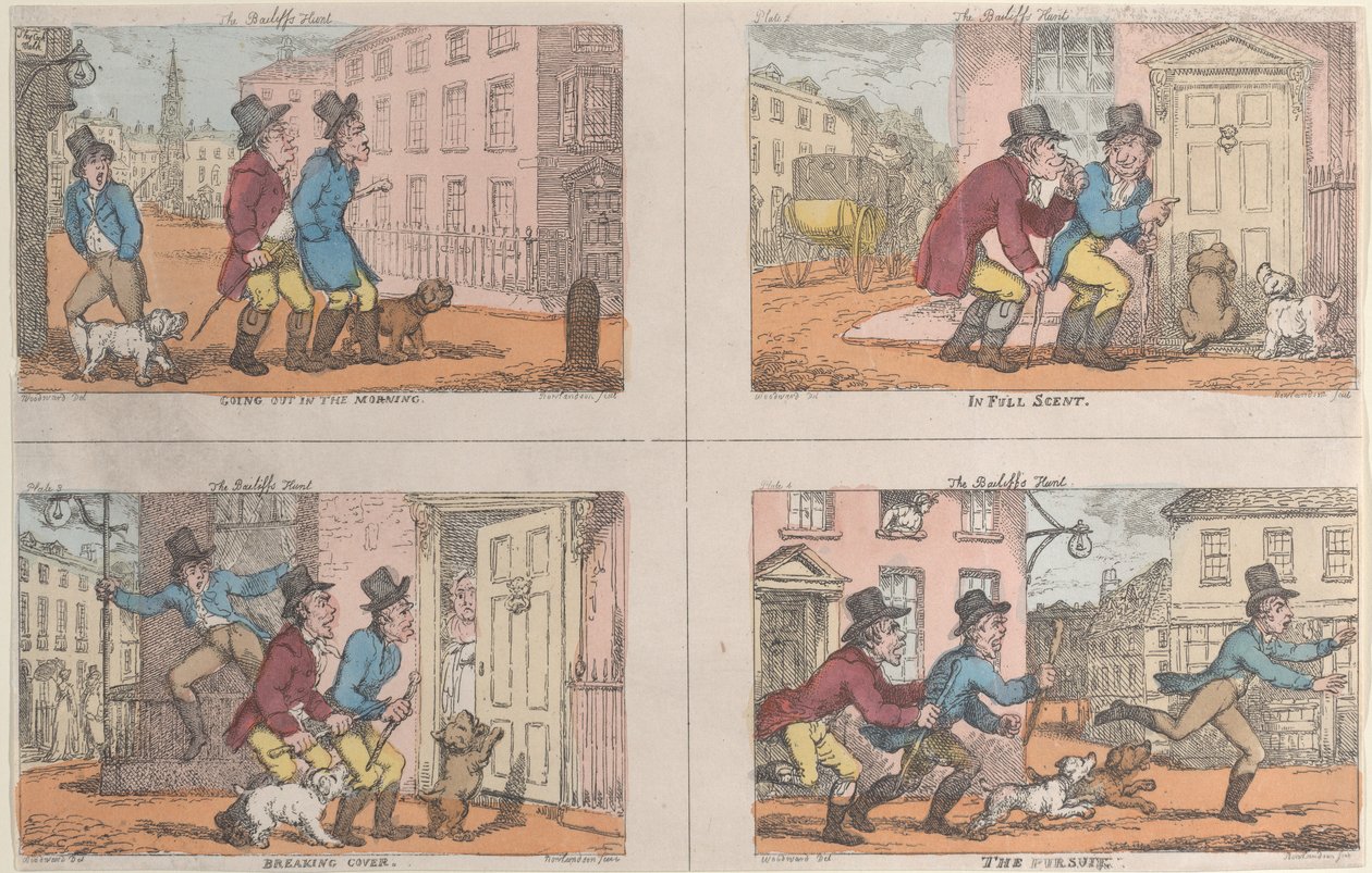 Ulosottomiehen metsästys: Aamulla, täydessä tuoksussa, särkyvä kansi ja Pursu..., 1809. tekijältä Thomas Rowlandson