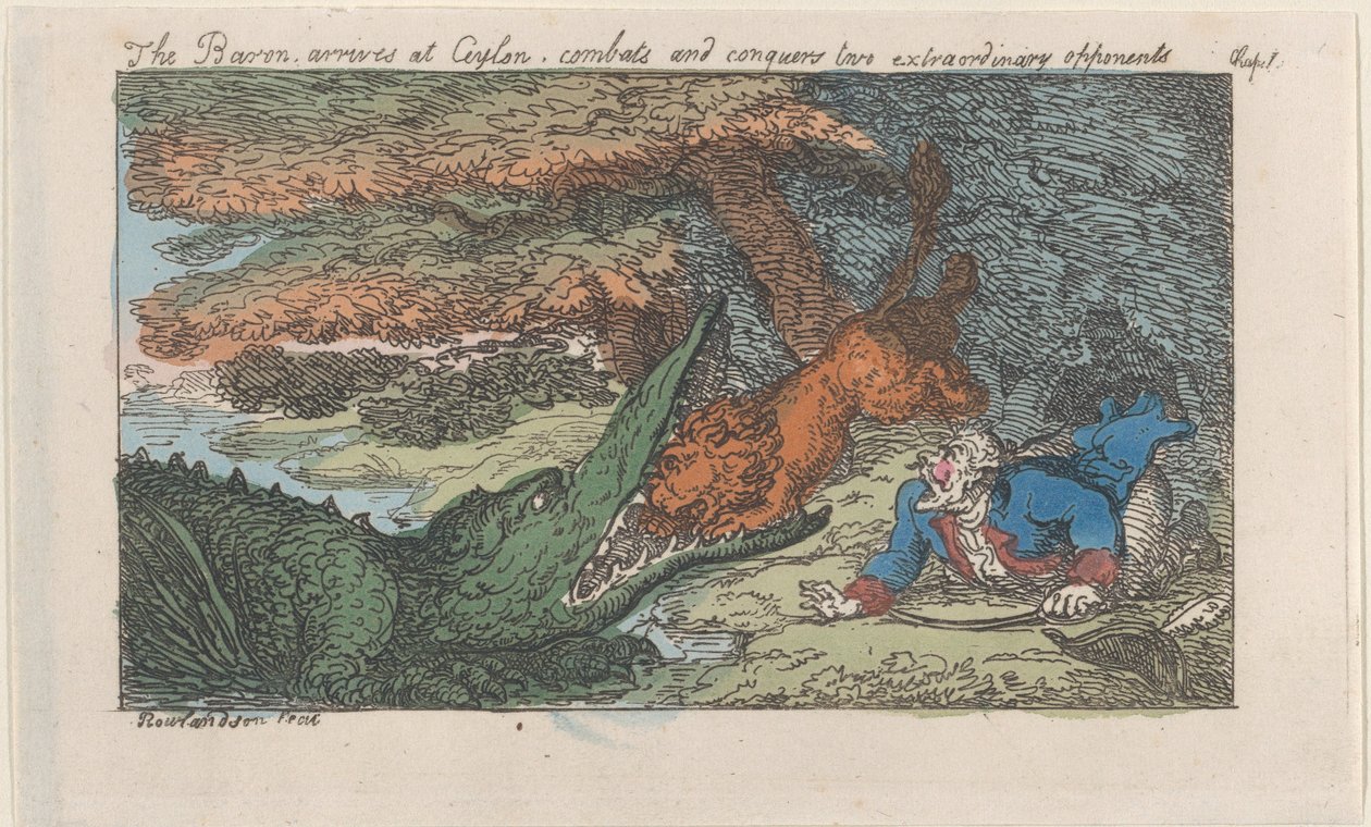 Paroni saapuu Ceyloniin, taistelee ja valloittaa kaksi poikkeuksellista vastustajaa..., [1809], julkaistu uudelleen 1811. tekijältä Thomas Rowlandson