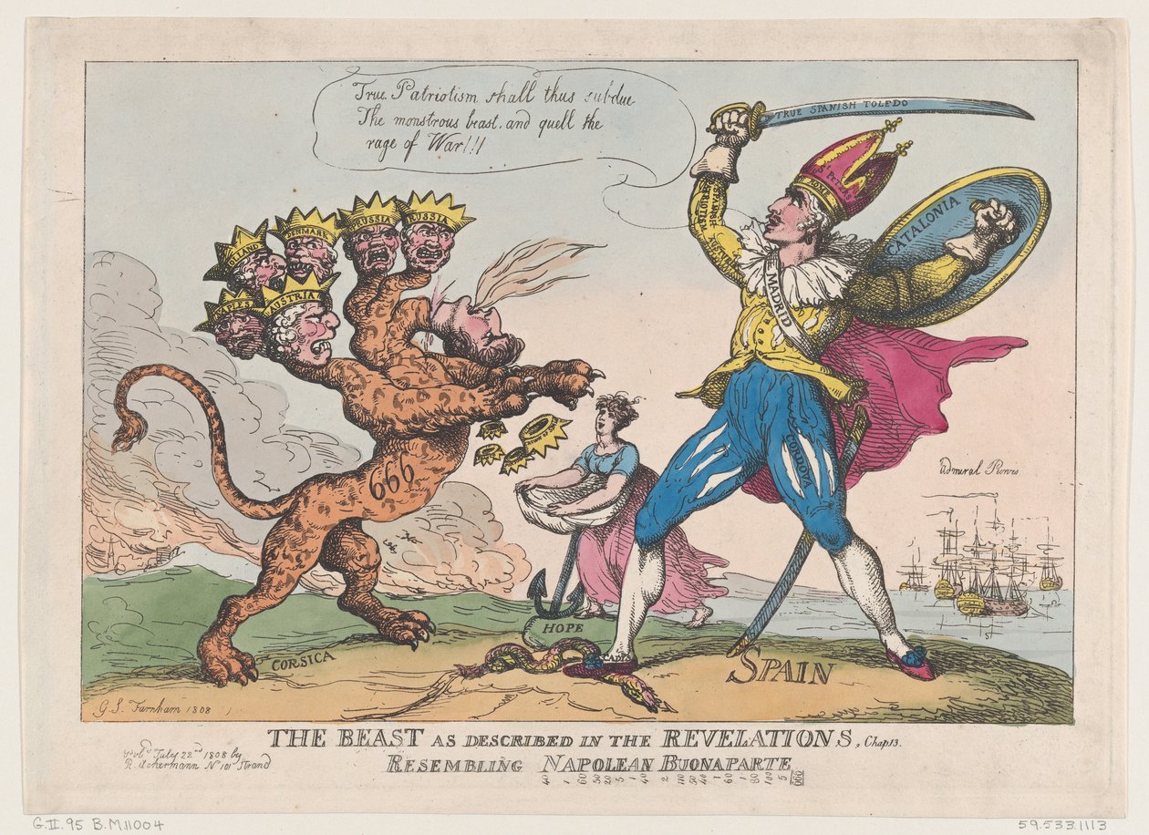 Peto, kuten Ilmestyskirjassa kuvataan, luku. 13, muistuttaa Napoleon Buonapartea..., 22. heinäkuuta 1808. tekijältä Thomas Rowlandson
