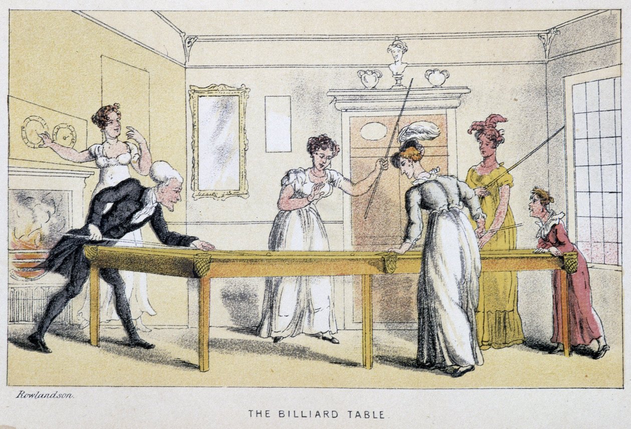 Billard-pöytä William Comben "Doctor Syntaxin kolmella kiertueella: maalauksellisen lohdutuksen ja vaimon etsintä", kuvittanut Rowlandson. London Edition, John Camden Hotten, Picadilly tekijältä Thomas Rowlandson