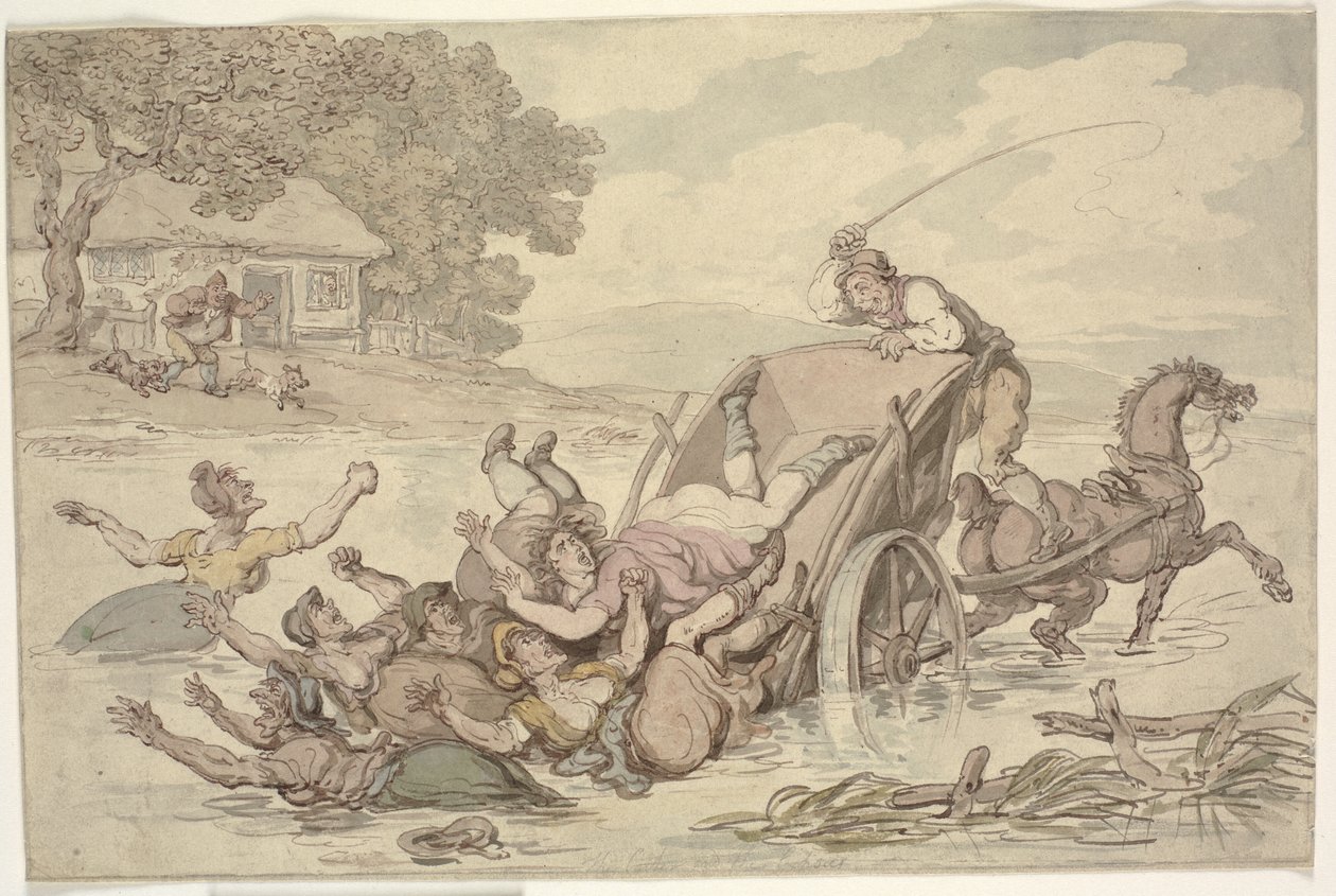"Carter ja mustalaiset": Kärryt kääntyivät purossa kaatamaan ryhmän naisia veteen tekijältä Thomas Rowlandson
